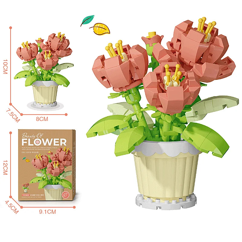A set of pink and yellow flower building blocks featuring roses, sunflowers, and carnations in pots.