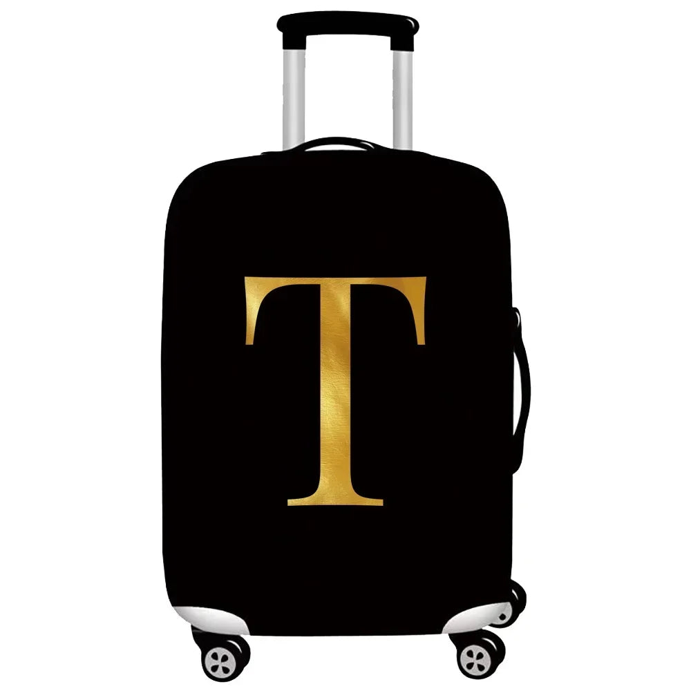 Black rolling suitcase with a gold letter T print on the side.