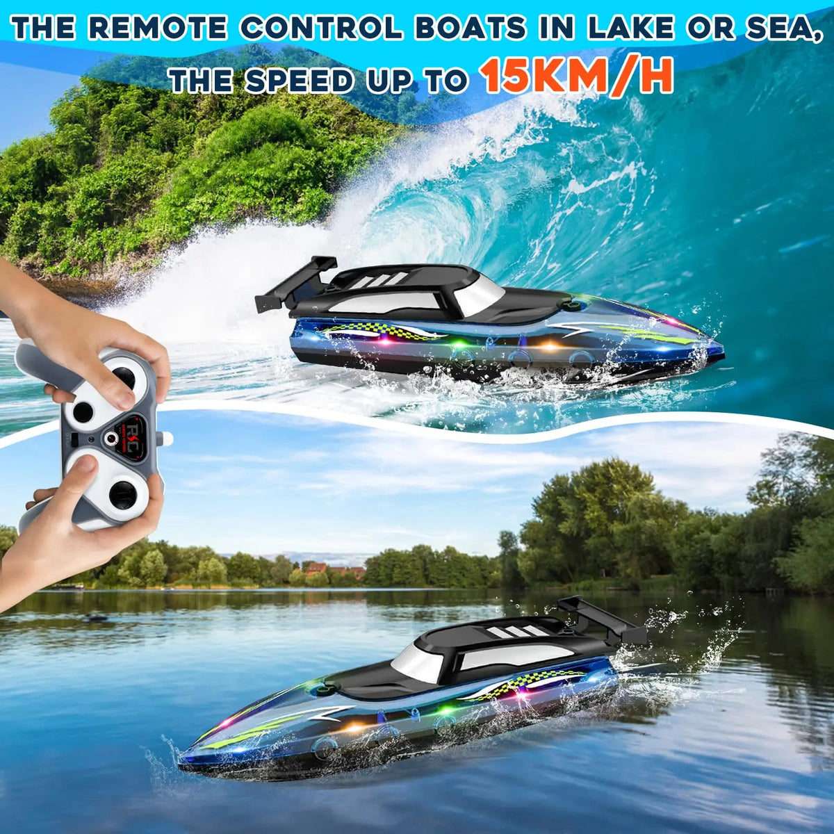A remote control boat speeds across blue water, creating a white wake and spray.