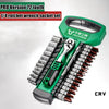 A green PRO Version 72 tooth 1/4 ratchet wrench socket set with a handle and various sockets.