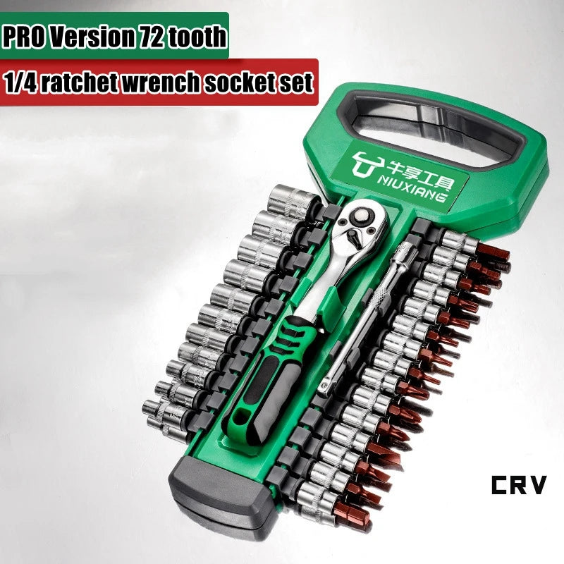 A green PRO Version 72 tooth 1/4 ratchet wrench socket set with a handle and various sockets.