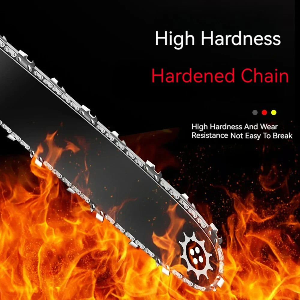A close-up view of a high hardness hardened chain used as a replacement blade for electric saws, set against a fiery backgrou