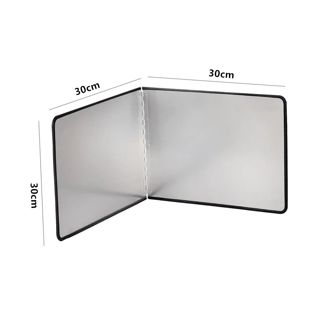 A foldable stainless steel splatter guard for the stovetop, shown open with dimensions of 30cm by 30cm.