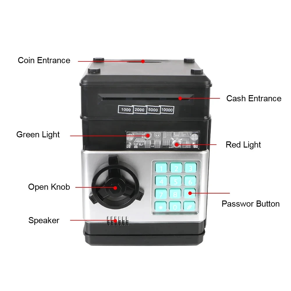 A silver and black electronic password piggy bank with coin and cash entrances, a green light, red light, open knob, speaker,