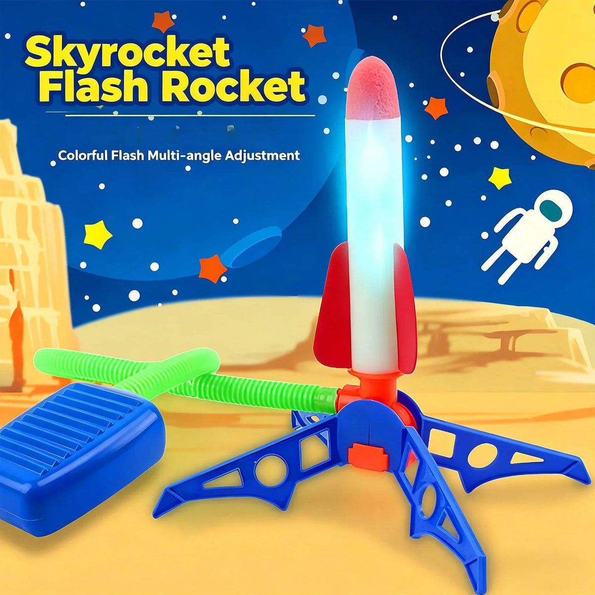 A colorful flash rocket launcher with a glowing tip and blue foam base is shown against a starry, desert background.