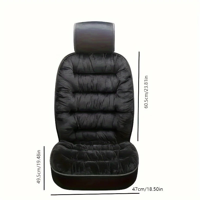 Black plush winter car seat cover with a padded backrest.