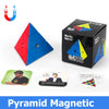 A set of MoYu magnetic pyramid speed cubes in red, blue, and yellow colors displayed on a box and individual pieces.