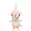 A pink plush chihuahua dog keychain pendant with white hair and a tongue sticking out.