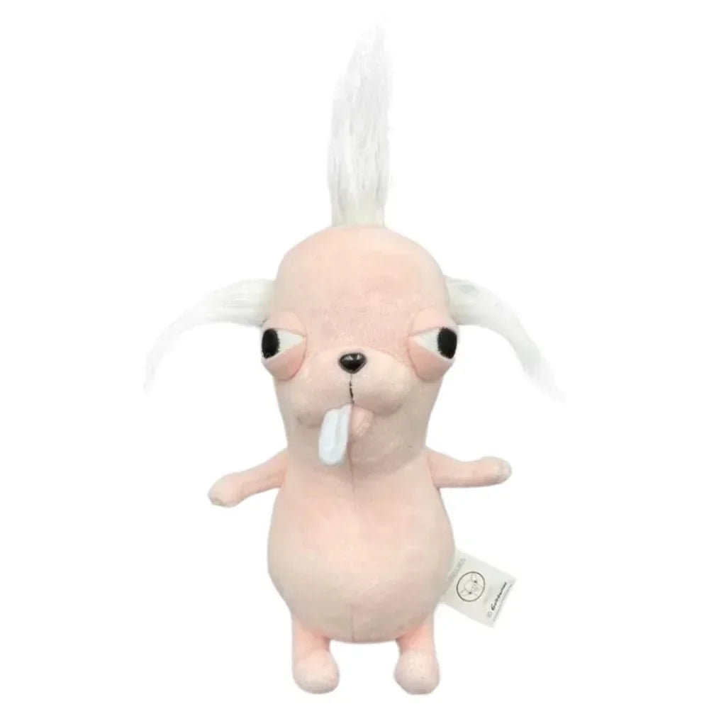 A pink plush chihuahua dog keychain pendant with white hair and a tongue sticking out.