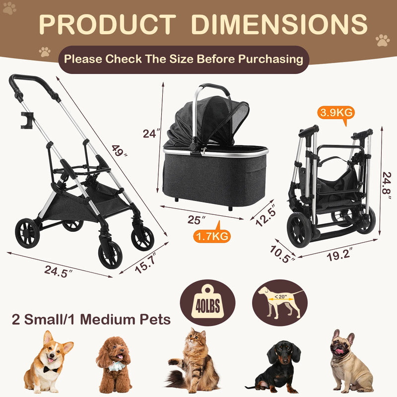 Foldable Pet Stroller with Detachable Carrier