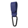 A dark blue PU leather baby bag organizer with a hook for strollers.