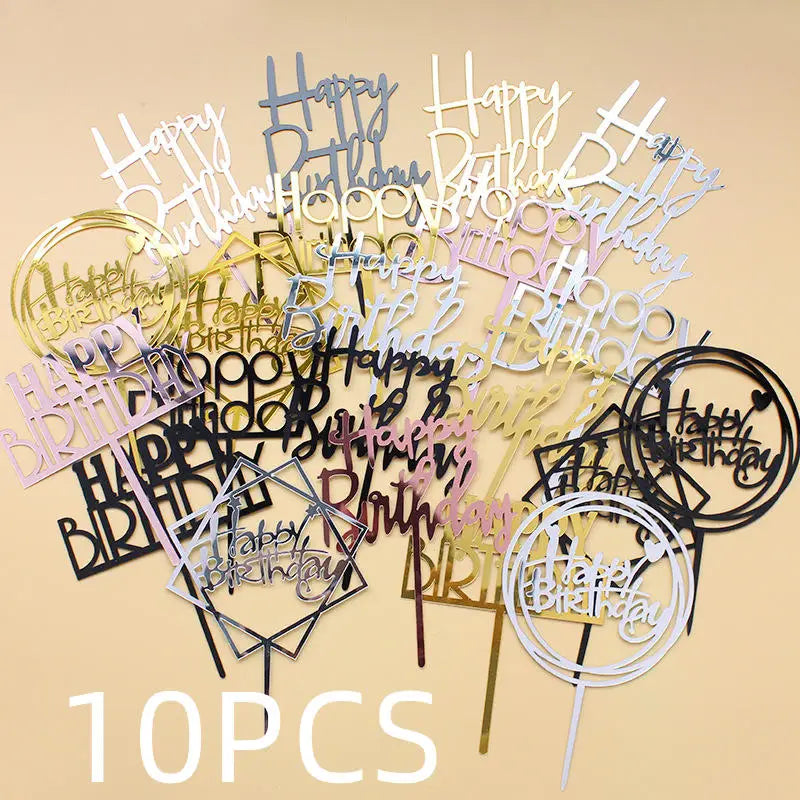 Gold Acrylic Happy Birthday Cake Toppers (Set of 10)