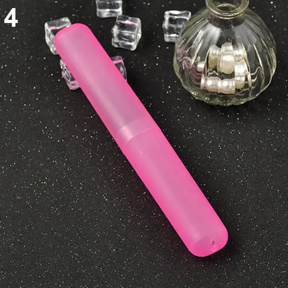 A pink travel toothbrush case with clear ventilation pieces is shown next to a glass jar containing white teeth.