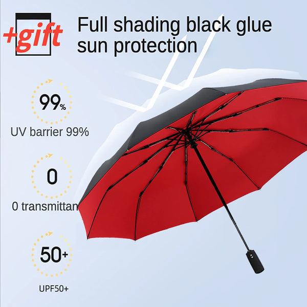 A red umbrella with black shading and sun protection features is shown against a white background.