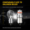 A comparison showing a bright LED bulb and a halogen bulb, highlighting their comparable size for easy installation.