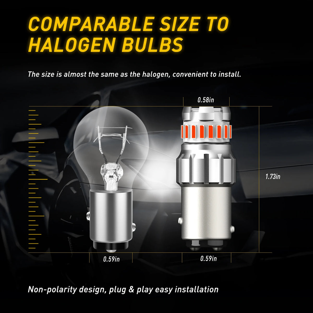 A comparison showing a bright LED bulb and a halogen bulb, highlighting their comparable size for easy installation.