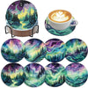 A collection of eight ocean-themed diamond art coasters and a holder featuring vibrant greens, blues, purples, and yellows.