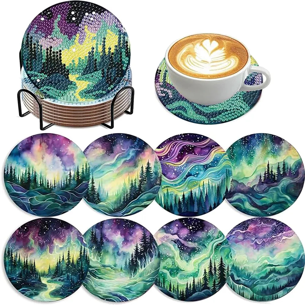 A collection of eight ocean-themed diamond art coasters and a holder featuring vibrant greens, blues, purples, and yellows.
