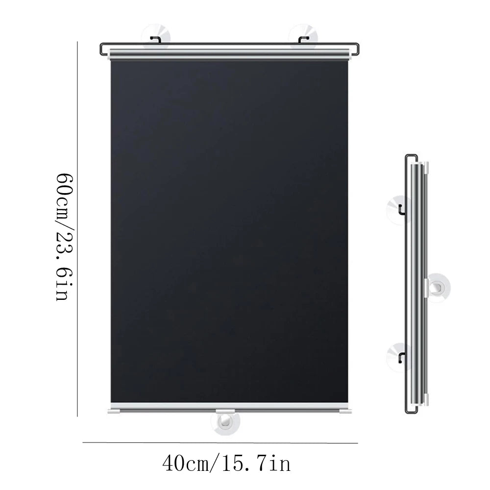 Black cordless retractable roller shade with a silver rod and mounting hardware.