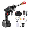 A cordless high pressure car wash gun kit including a foam generator and various cleaning accessories.