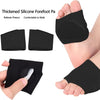 Black silicone forefoot pads shown on a foot and hand, designed to relieve pressure and provide comfort while walking.