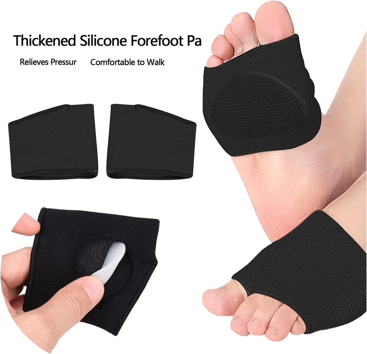 Black silicone forefoot pads shown on a foot and hand, designed to relieve pressure and provide comfort while walking.