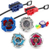 Metal gyro spinning top battle set with launchers in blue, red, and silver colors
