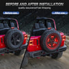 Before and after installation comparison of a universal spare tire brake light for Jeep Wrangler.
