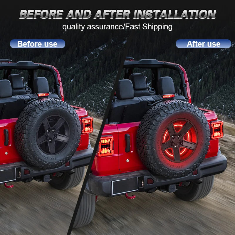 Before and after installation comparison of a universal spare tire brake light for Jeep Wrangler.