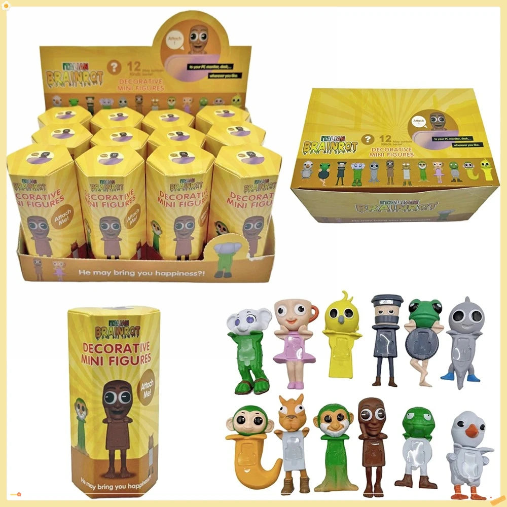 A collection of 12 decorative mini figures in various colors and styles packaged in a box.
