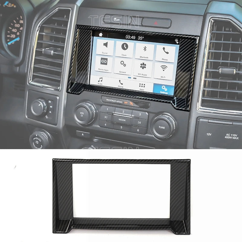 Carbon fiber grain trim cover for a Ford F-150 center console and dashboard panel.