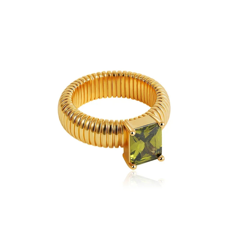 Chunky Gold-Plated Crystal Ring with Geometric Stripes