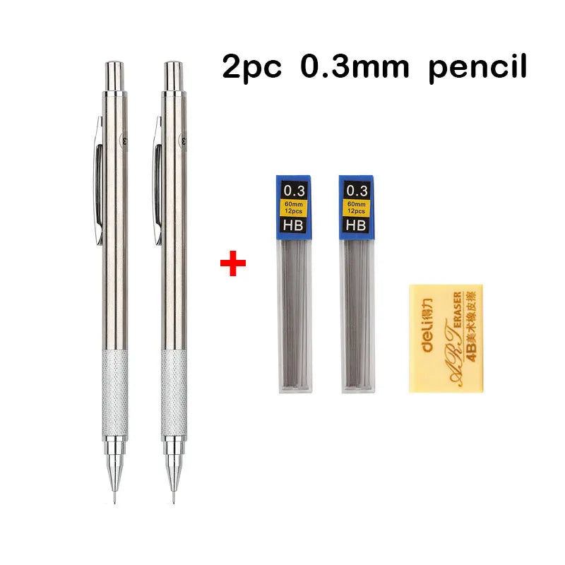 A set of two 0.3mm HB mechanical pencils with clear plastic casings and metal bodies.