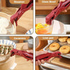 Red silicone clips used to grip and lift food from a steamer, glass bowl, ceramics, and iron pot.