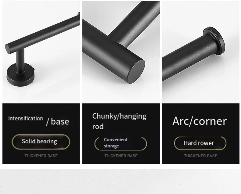 A set of black stainless steel bathroom towel racks shown in different configurations including a base, hanging rod, and arc/