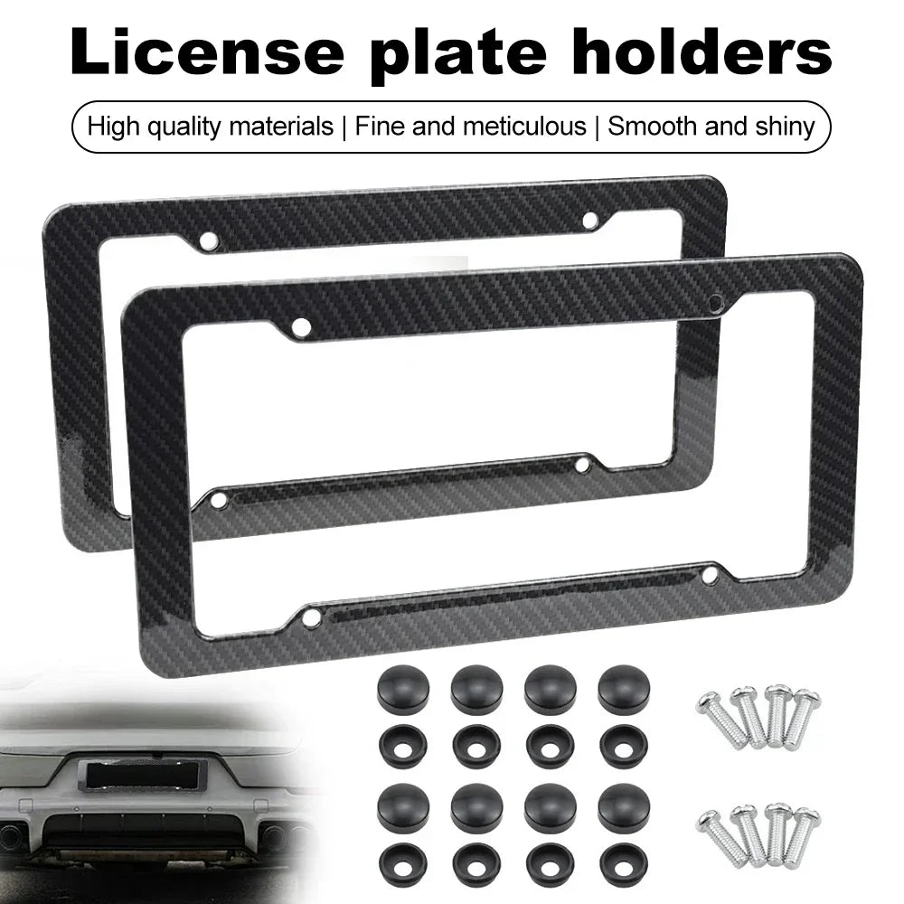 Black carbon fiber license plate holders with mounting screws shown next to a car grille.