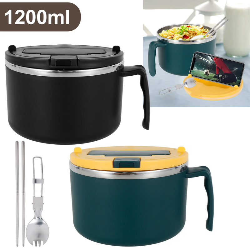 Cuenco de Ramen de Acero Inoxidable con Tapa Colador y Cubiertos Plegables