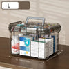 A transparent plastic first aid storage box with a handle filled with various medical supplies.