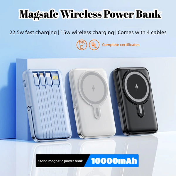 Magnetic Wireless Power Bank 20,000mAh with Built-in Cables and Stand