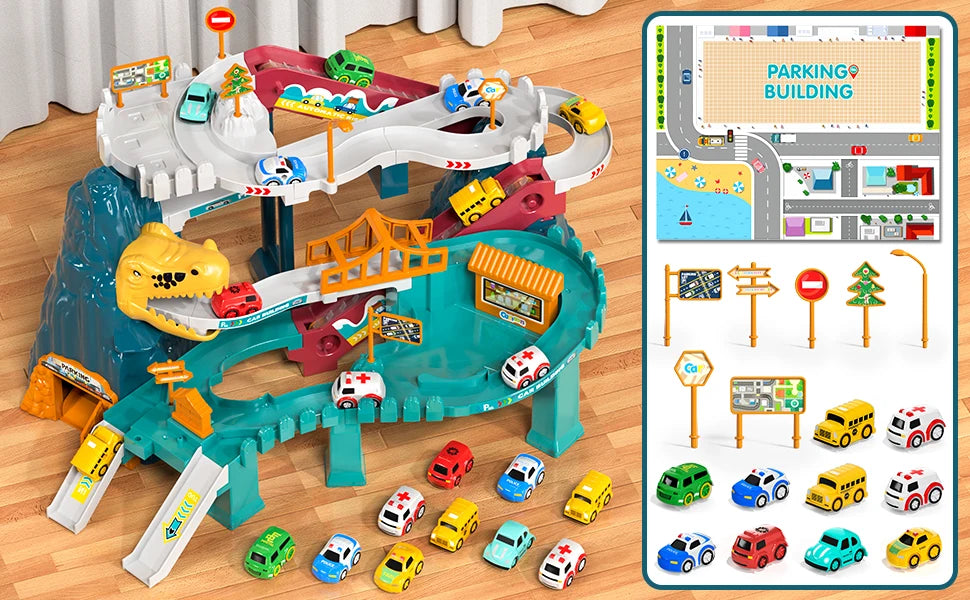 Dinosaur Race Track Playset with Rolling Car Ramp