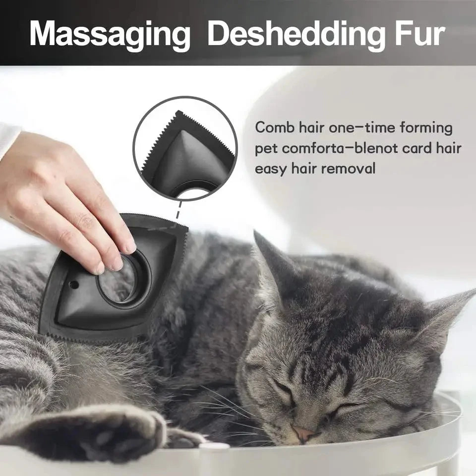 A hand uses a black pet hair comb to massage and deshed fur on a cat.