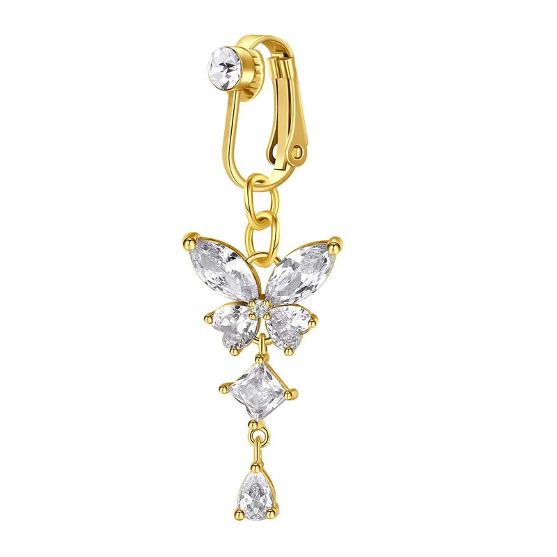Anillo de ombligo con clip de mariposa dorada y piedras de zirconia rosa.
