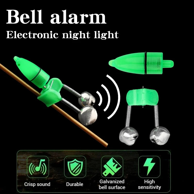 A green electronic night light alarm device is shown next to a fishing rod, highlighting its features.