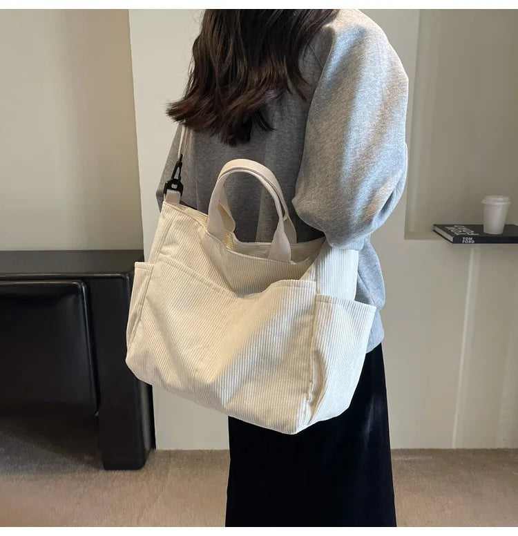 Multi-Pocket Corduroy Tote Bag – Large Capacity Casual Satchel for Travel, Work & Commute