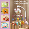 A set of four ringing bell color random crib mobile toys with animals hanging from a light fixture.