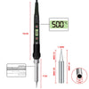 A soldering iron kit showing the device, temperature display, and replaceable tips with measurements.