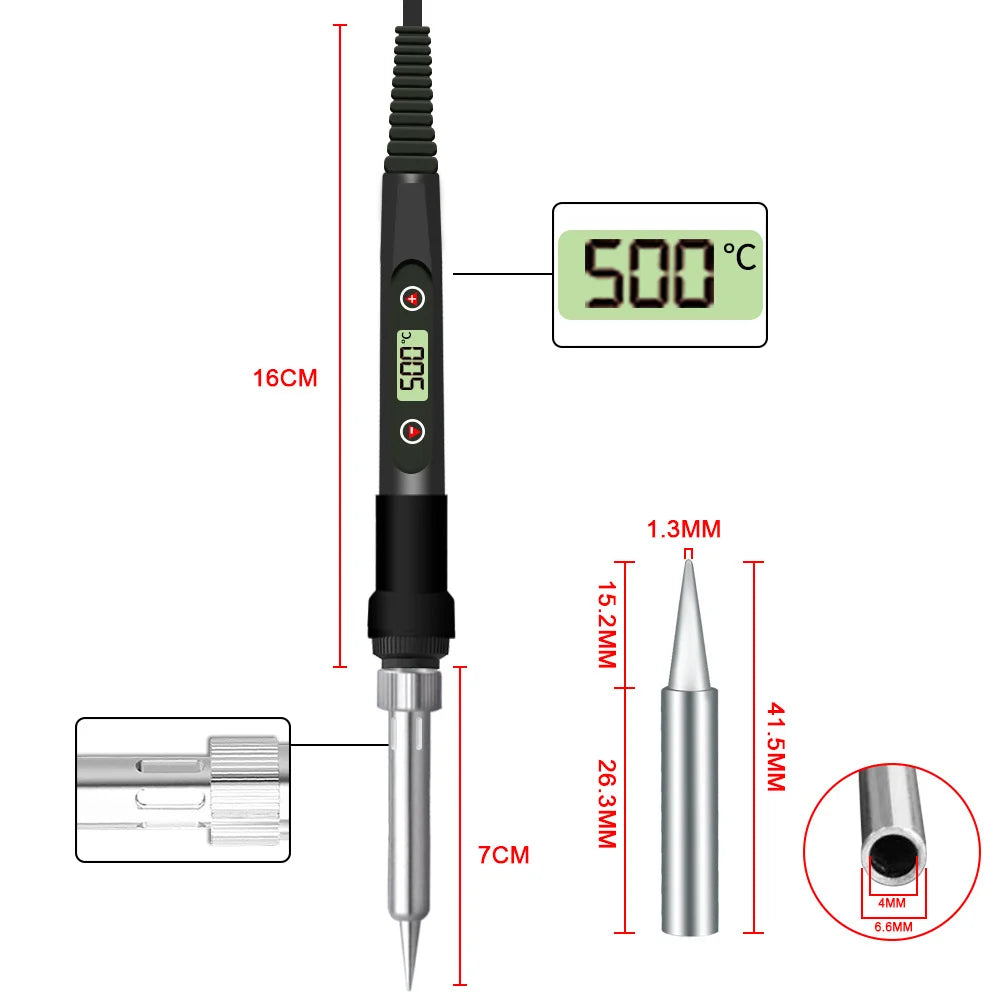 A soldering iron kit showing the device, temperature display, and replaceable tips with measurements.