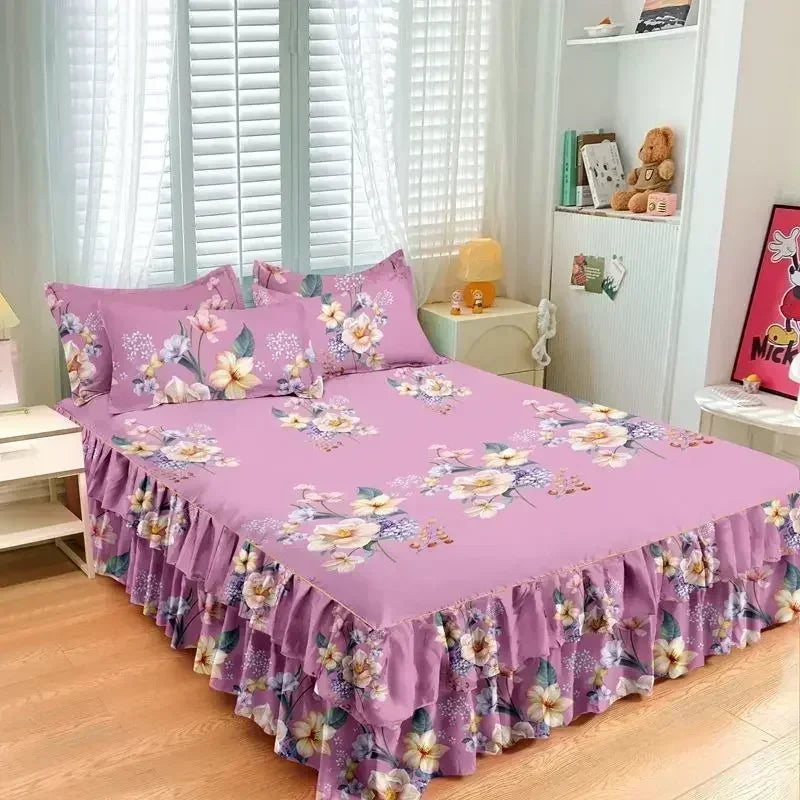 Floral Bed Skirt Set with Anti-Slip Mattress Cover