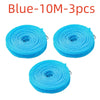 Three blue heavy-duty nylon outdoor clotheslines rolled up for drying laundry.