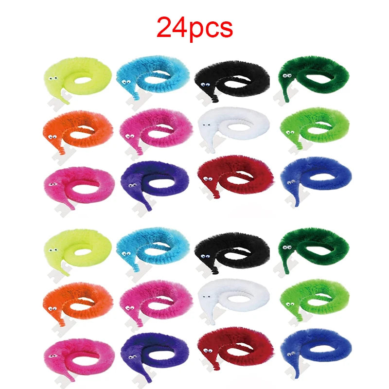 24 pieces of fuzzy wiggly worm magic trick toys in various colors like green, blue, purple, and orange.